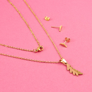 Komplet biżuterii ze stali chirurgicznej liść laurowy w kolorze złotym 45cm