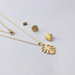 Komplet biżuterii ze stali chirurgicznej liść monstery w kolorze złotym 45cm