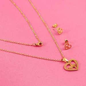 Komplet biżuterii ze stali chirurgicznej serce z linią życia w kolorze złotym 45cm
